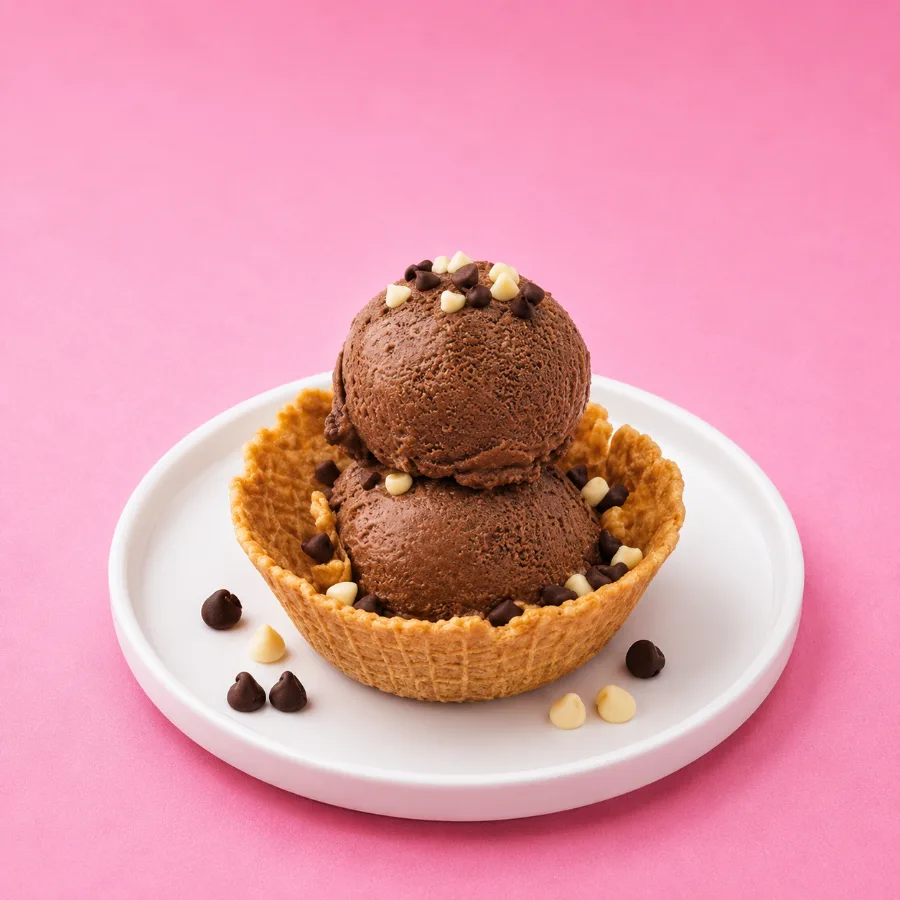 Chocolate bingsu scoops in a waffle cup